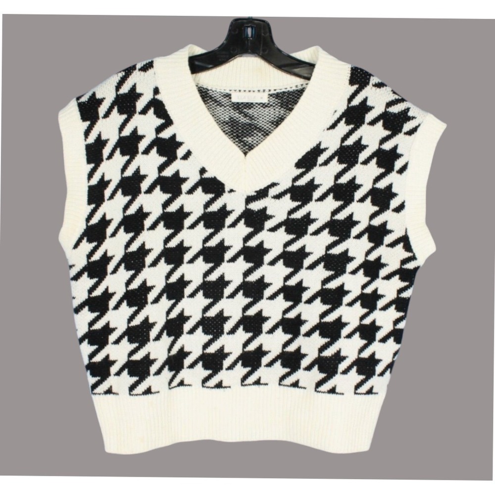 ILLA ILLA Black & Off-White HOUNDSTOOTH Sleeveless V-NECK Knit Sweater Vest Sz M